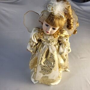 Vtg Brass Key 16" Angel Porcelain Doll In White Lace Dress And Gold Trim
